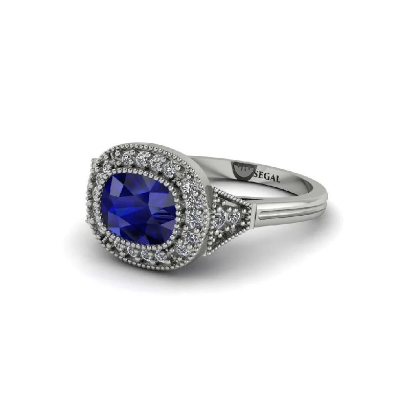 Cushion Cut Sapphire Milgrain Halo Engagement Ring - Blake No. 15