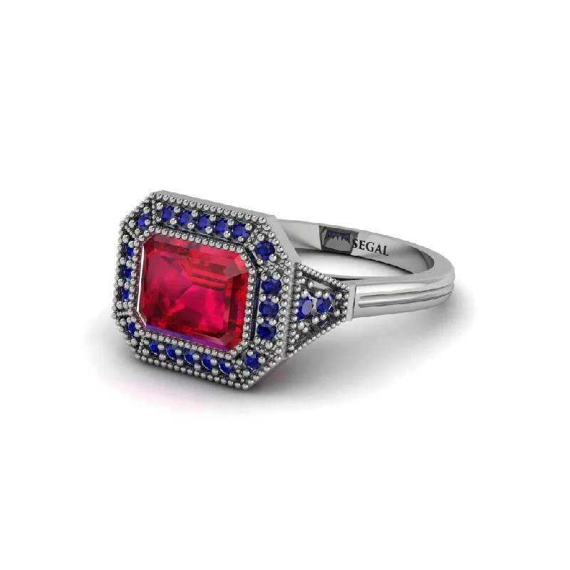 Emerald Cut Ruby Milgrain Halo Engagement Ring - Juniper No. 72