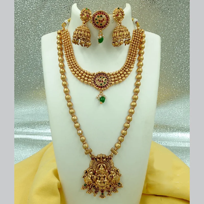 delicate necklaces for women -FS Collection Gold Plated Pota Stone Temple Double Necklace Set