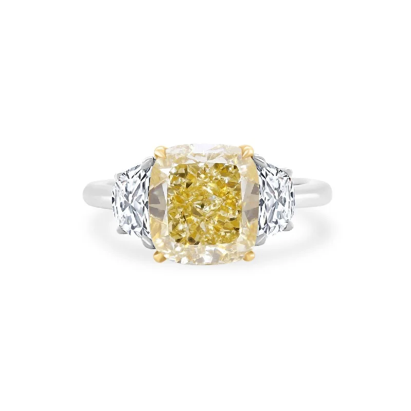 eternity rings for women -Cushion Cut Yellow Diamond with Half Moon Cut Side Stones