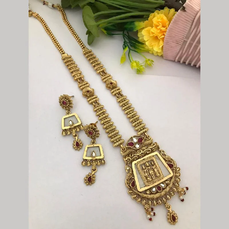 personalized necklaces for women -FS Collection Gold Plated Pota Stone Temple Long Necklace Set