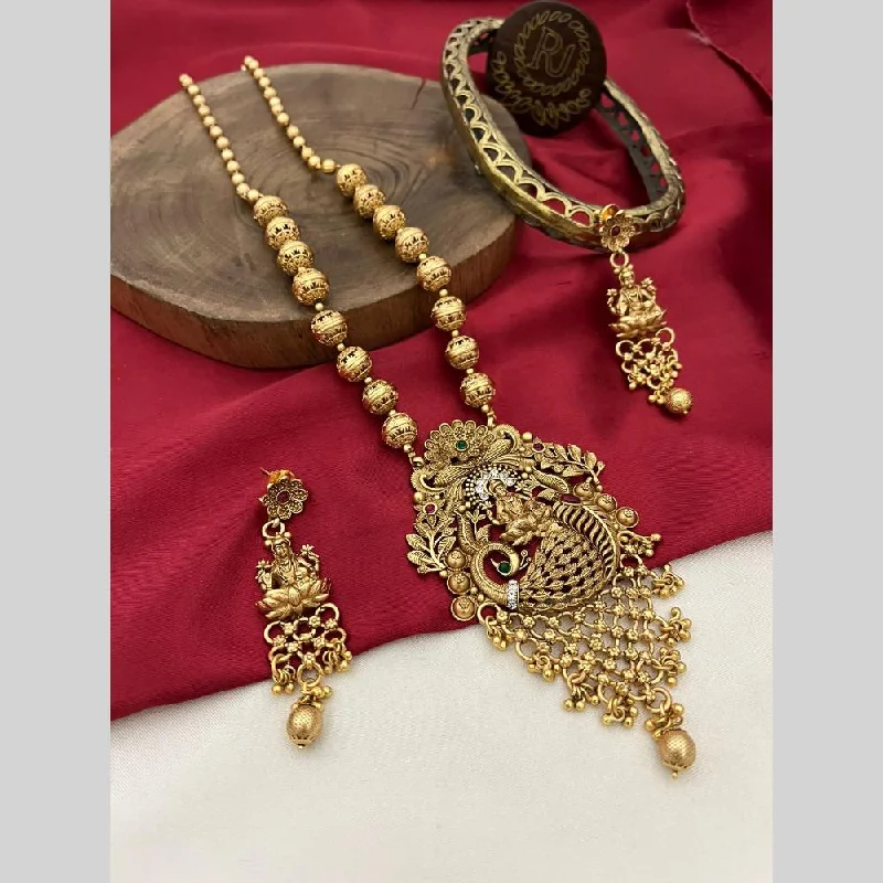 tiny heart necklaces for women -FS Collection Gold Plated Pota Stone And Pearls Temple Long Necklace Set