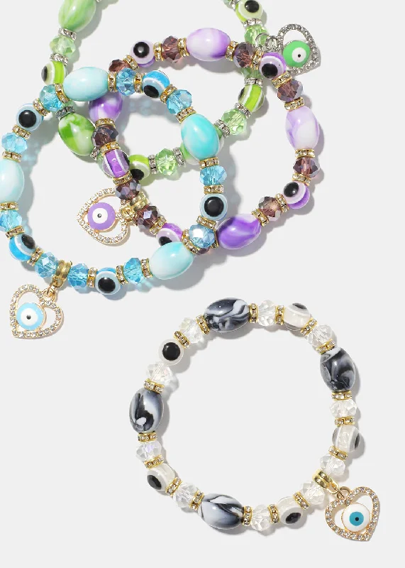 rope bracelets for women -Light Color Bead Bracelet with Heart & evil Eye