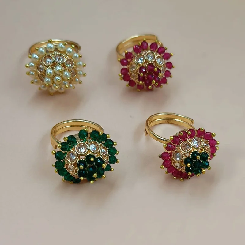 vintage rings for women -Padmawati Bangles Gold Plated Crystal Stone And Pearls Adjustable Ring