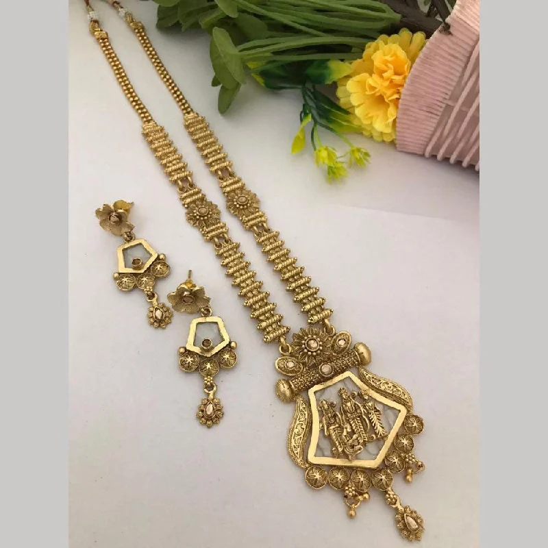 classic pearl strand necklaces -FS Collection Gold Plated Pota Stone Temple Long Necklace Set