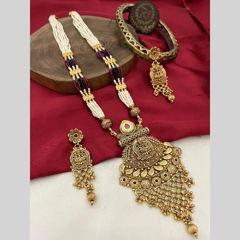 heirloom necklaces for women -FS Collection Gold Plated Pota Stone And Pearls Temple Long Necklace Set