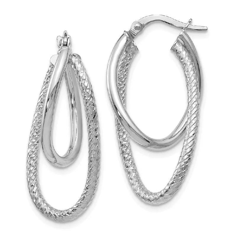 multi-layered earrings for women -Polished and Textured 14k White Gold Bent Double Hoop Earrings, 32mm