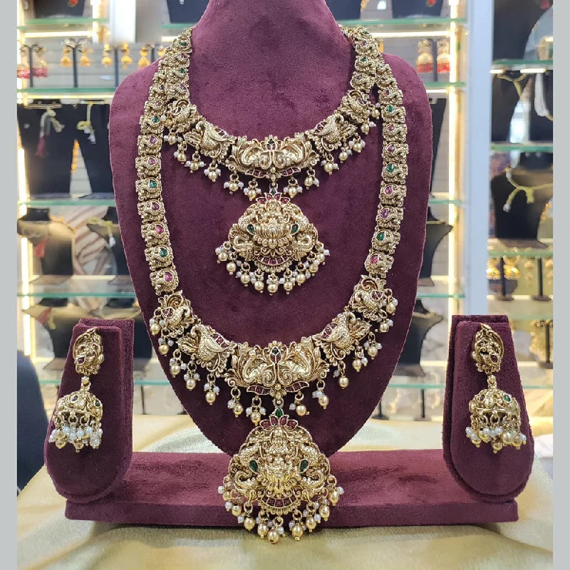 black diamond necklaces for women -Manisha Jewellery Gold Plated Pota Stone And Pearls Temple Double Necklace Set