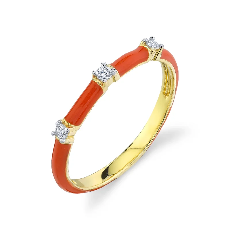 black diamond rings for women -18k Yellow Gold Orange Enamel & Diamond Stackable Ring