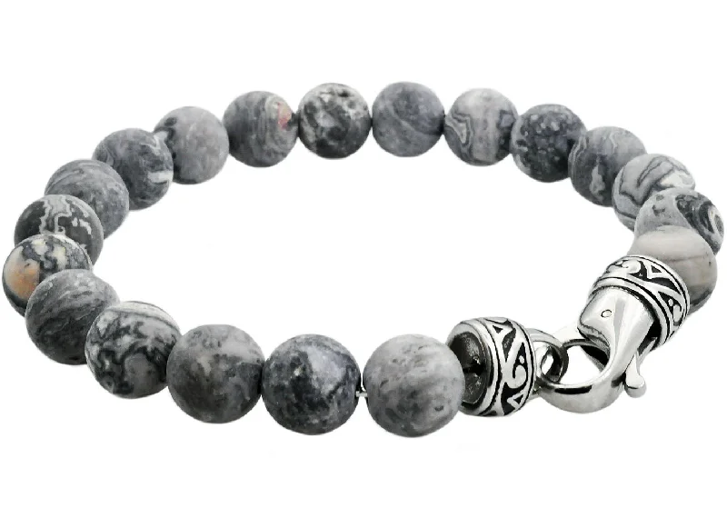 vintage bracelets for women -Mens Genuine 10mm Gray Jasper Stainless Steel Beaded Bracelet