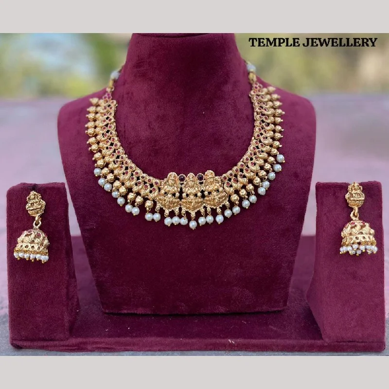 high-quality gold necklaces for women -FS Collection Gold Plated Pota Stone Temple Necklace Set