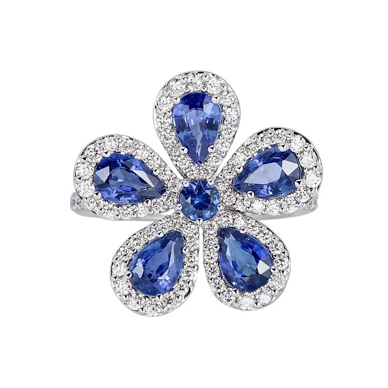 diamond rings for women -Classic Flower Ring with Blue Sapphires and Diamonds