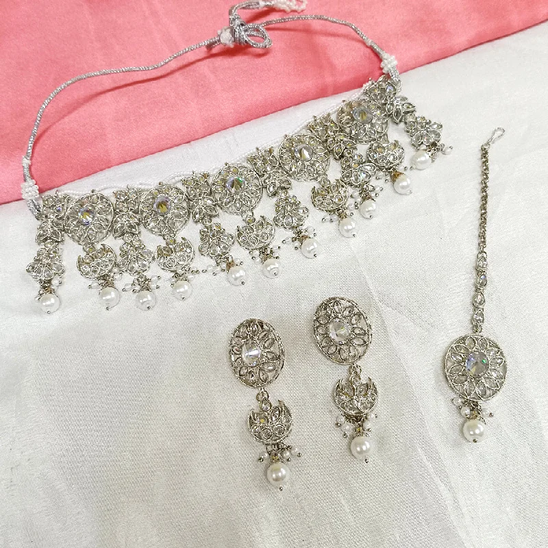 textured necklaces for women -Darshana Jewels Sliver Plated Crystal Stone Choker Necklace Set