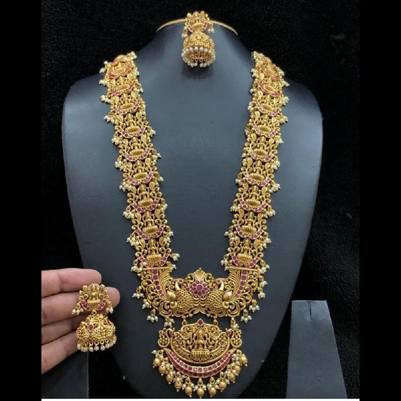 personalized necklaces for women -Manisha Jewellery Gold Plated Pota Stone And Pearls Temple Long Necklace Set