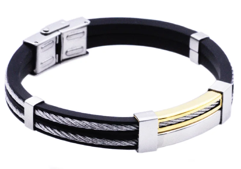 best fashion bracelets for women -Mens Black Silicone Gold Stainless Steel Wire Bangle Bracelet