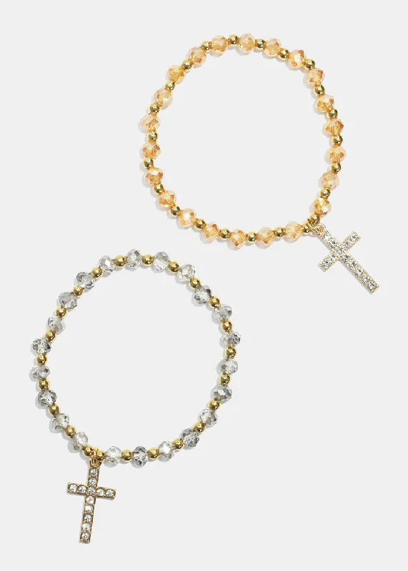 celestial bracelets for women -Cross Charm Beaded Bracelet