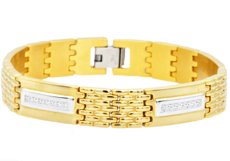 white gold bracelets for women -Mens Gold Stainless Steel Bracelet With Cubic Zirconia