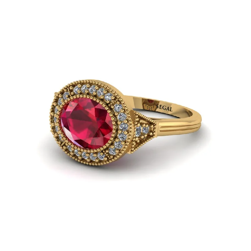 Oval Cut Ruby Milgrain Halo Engagement Ring - Alexandria No. 10