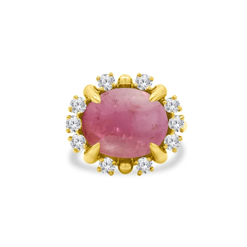 ruby rings for women -Cabochon Pink Tourmaline & Diamond Halo Ring