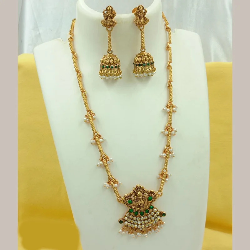 nature-inspired necklaces for women -FS Collection Gold Plated Pearls Temple Long Necklace Set