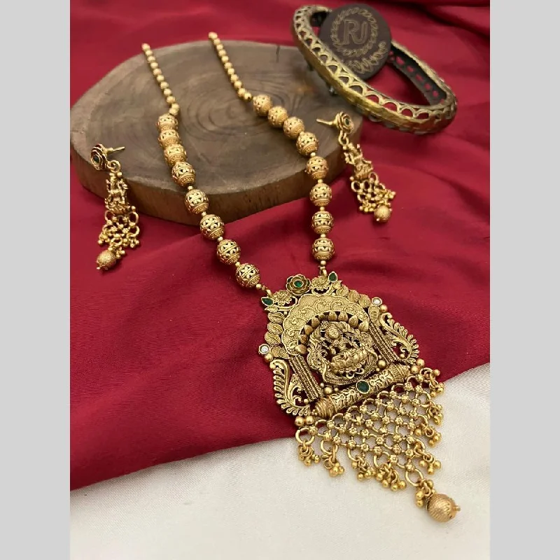 pearl necklaces for women -FS Collection Gold Plated Pota Stone And Pearls Temple Long Necklace Set