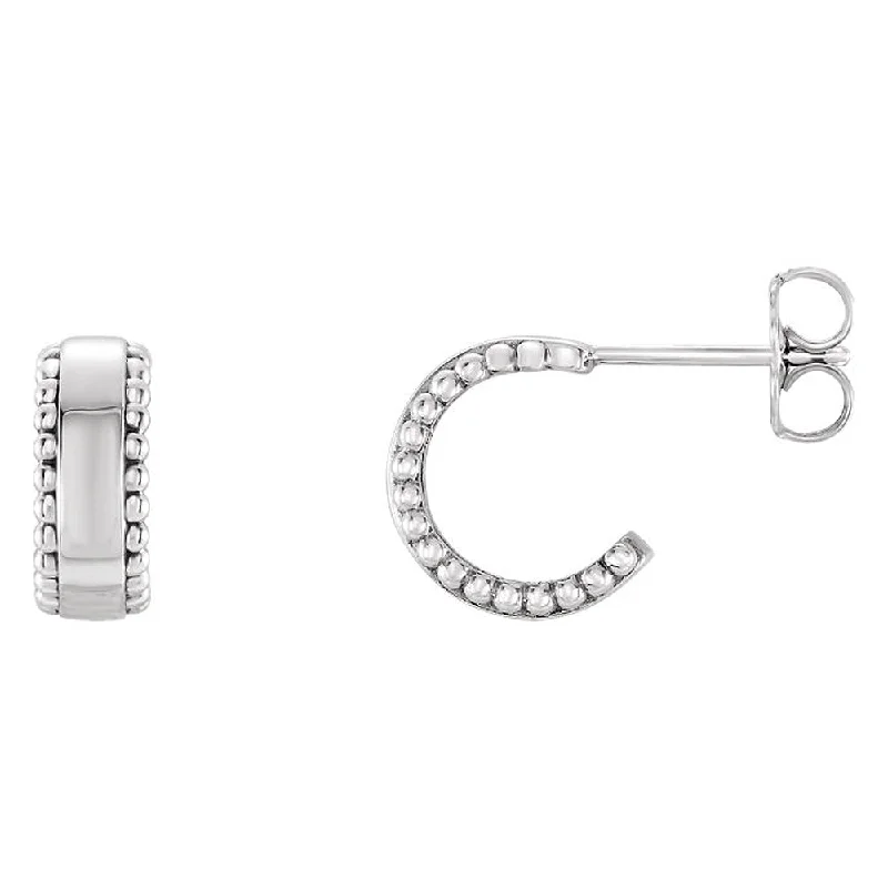 statement earrings for women -4mm x 10mm (3/8 Inch) 14k White Gold Small Beaded J-Hoop Earrings