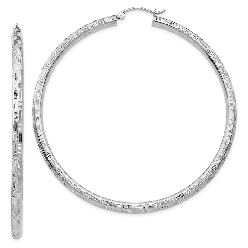 stud earrings for women -3mm x 60mm 14k White Gold Textured Round Hoop Earrings