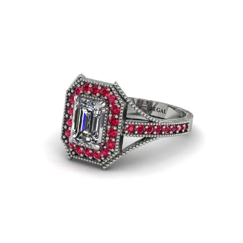 Emerald Cut Ruby Milgrain Halo Engagement Ring - Xanthe No. 48