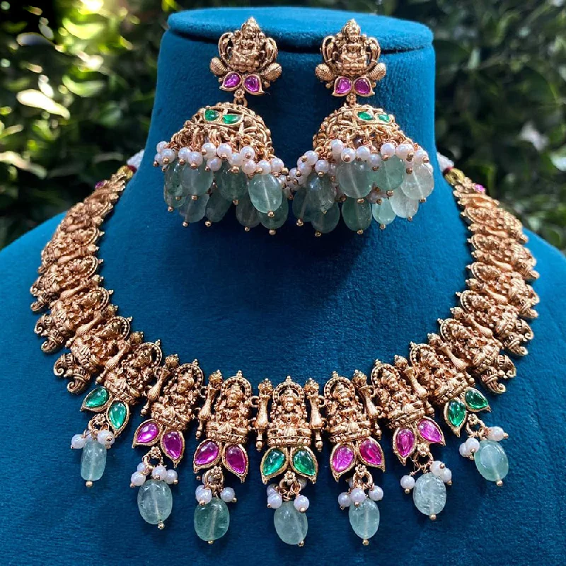 layered necklaces for women -Royal Kundan Jewellery Gold Plated Pota Stone And Beads Temple Necklace Set