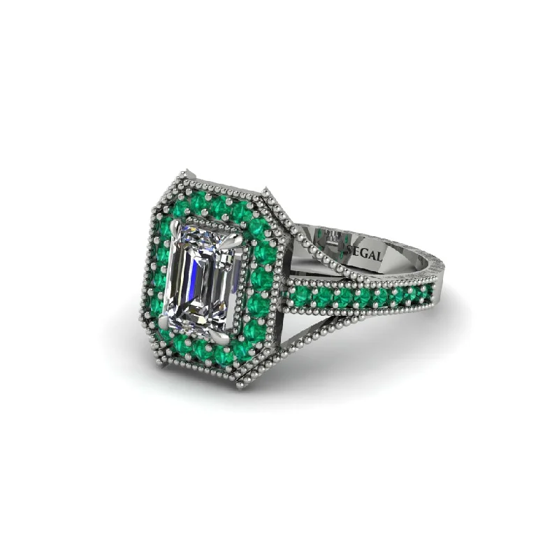 Emerald Cut Emerald Milgrain Halo Engagement Ring - Xanthe No. 18