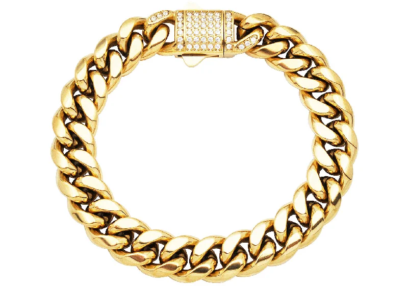 luxury bracelets for women -Men's 12mm Gold Stainless Steel Miami Cuban Link Chain Bracelet With CZ Box Clasp