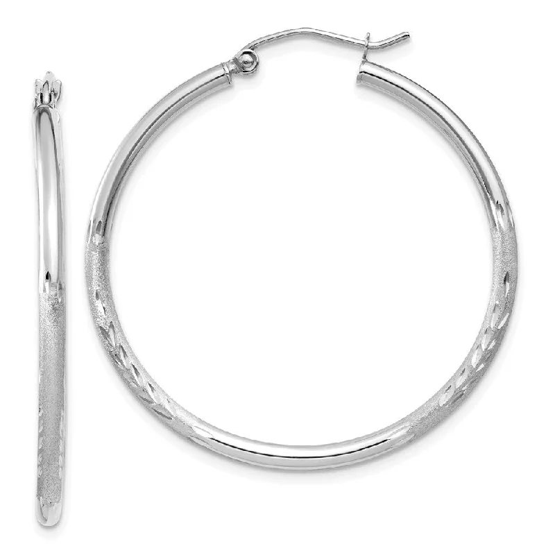 unique handcrafted earrings -2mm x 35mm 14k White Gold Satin & Diamond-Cut Round Hoop Earrings