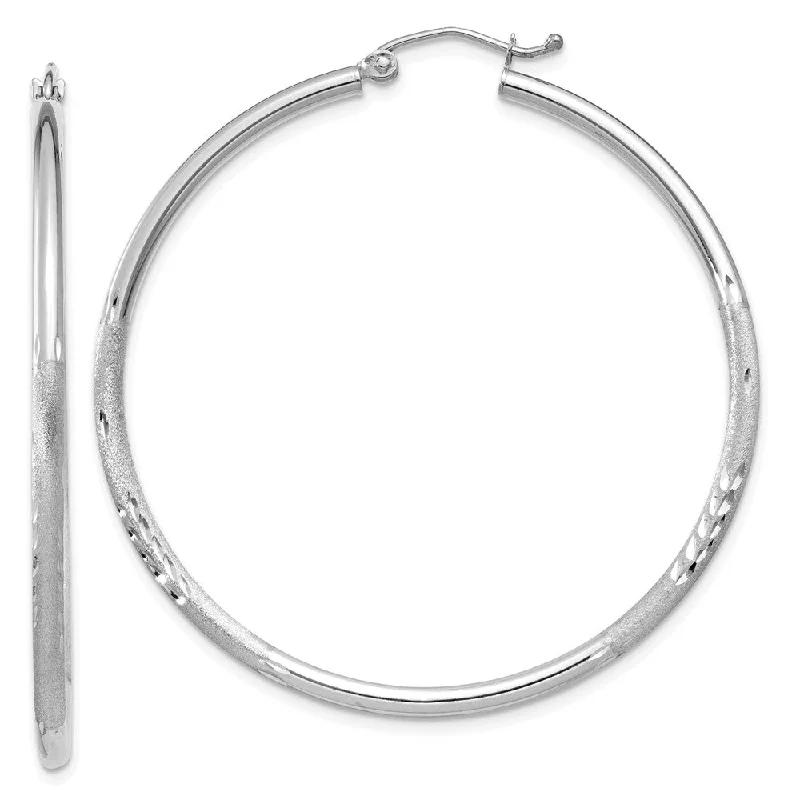 trendy earrings for women -2mm x 45mm 14k White Gold Satin & Diamond-Cut Round Hoop Earrings