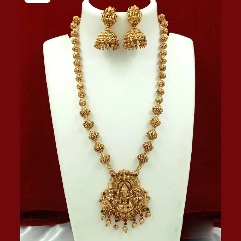 thin chain necklaces for women -FS Collection Gold Plated Pota Stone And Pearl Temple Long Necklace Set