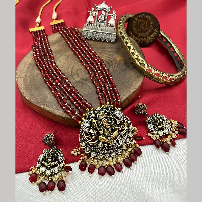 elegant necklaces for women -FS Collection 2 Tone Plated Austrian Stone And Beads Temple Long Necklace Set