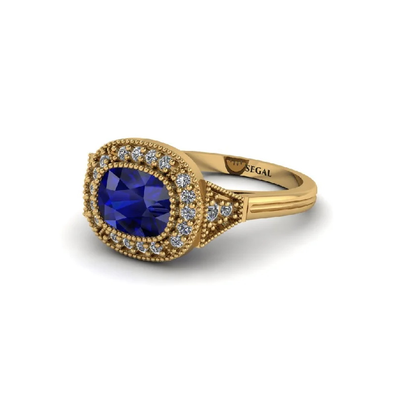 Cushion Cut Sapphire Milgrain Halo Engagement Ring - Blake No. 13