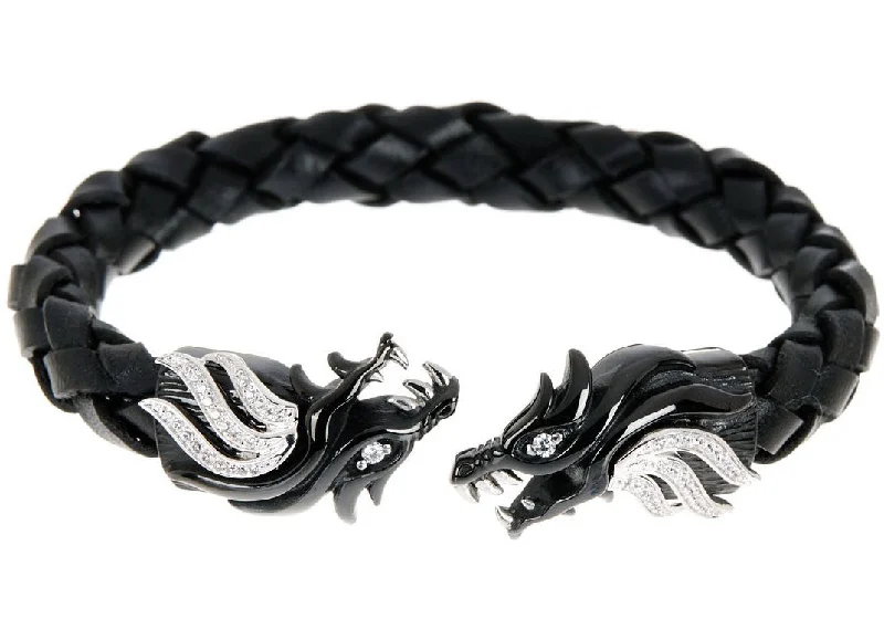 handcrafted bracelets for women -Mens Black Leather Stainless Steel Dragon Bracelet With Cubic Zirconia