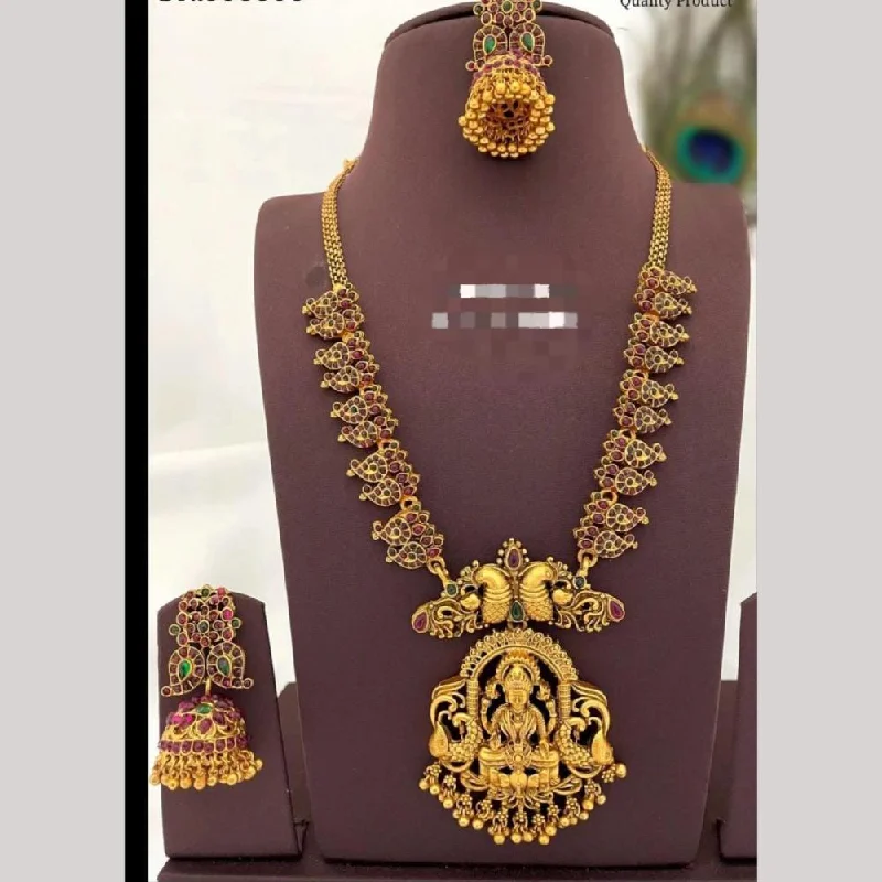 silver necklaces for women -FS Collection Gold Plated Pota Stone Temple And Pearls Long Necklace Set