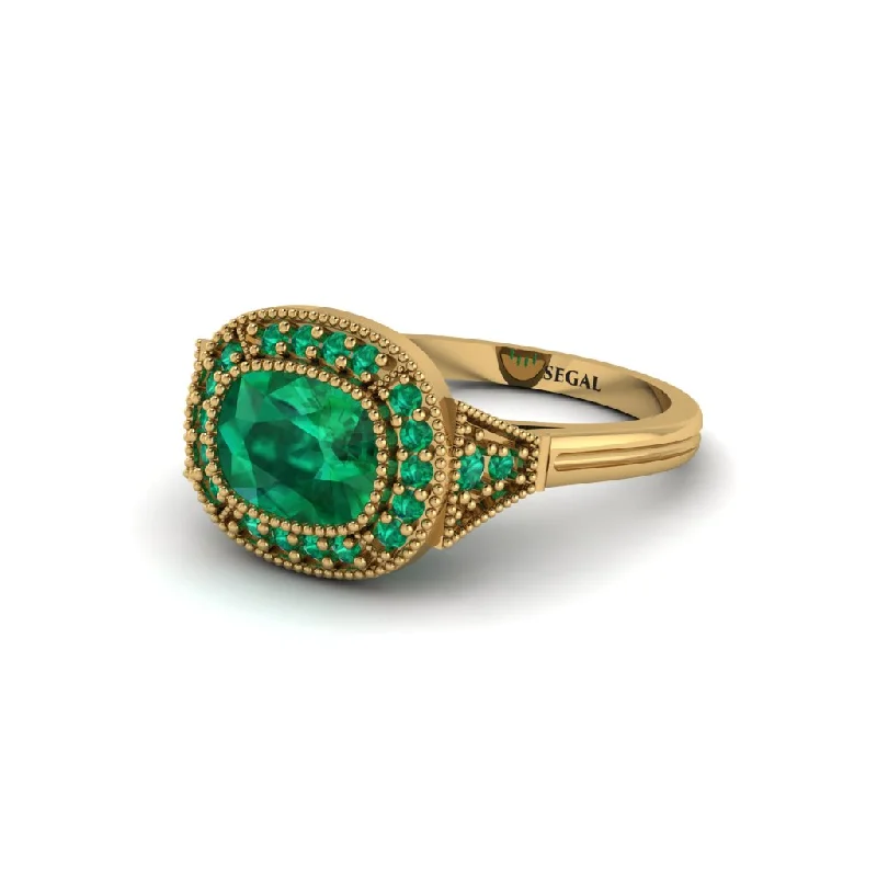 Cushion Cut Emerald Milgrain Halo Engagement Ring - Blake No. 19