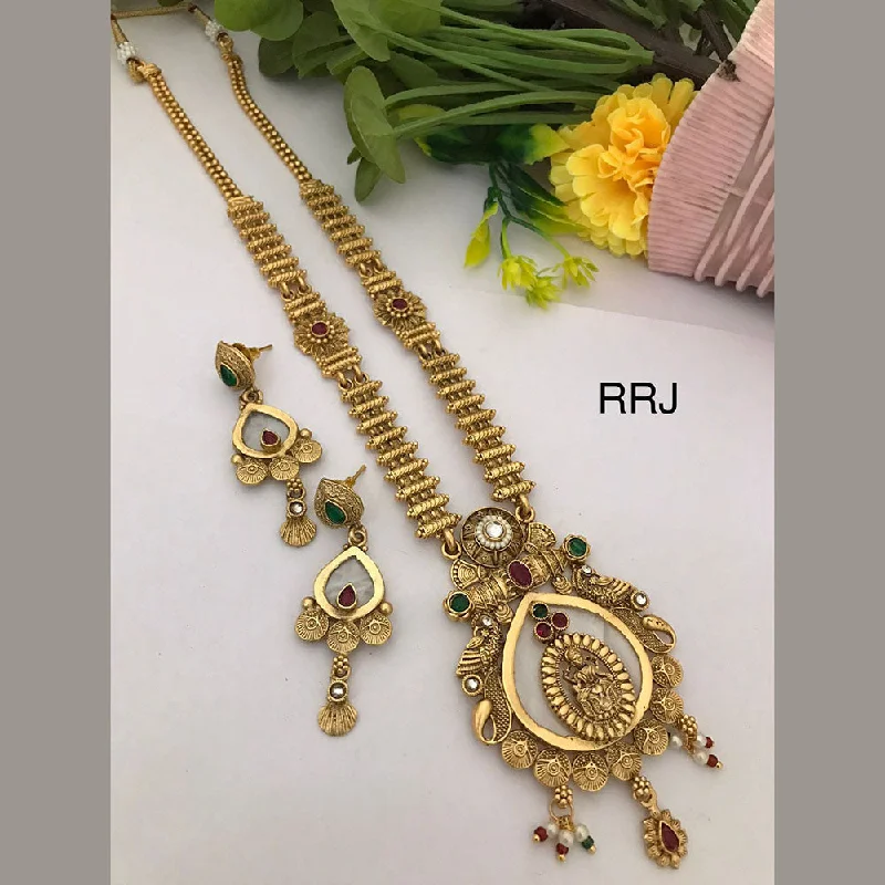 rose gold necklaces for women -FS Collection Gold Plated Pota Stone Temple Necklace Set