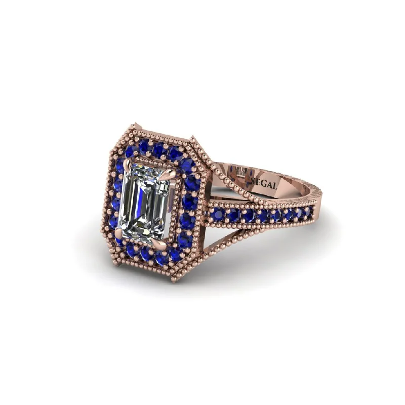 Emerald Cut Sapphire Milgrain Halo Engagement Ring - Xanthe No. 62