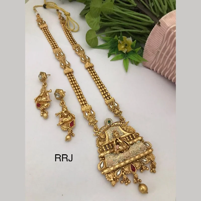 trendy necklaces for women -FS Collection Gold Plated Pota Stone Meenakari Temple Long Necklace Set