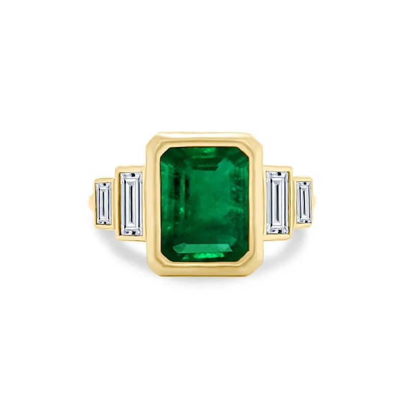 rose gold rings for women -Bezel Set Emerald Cut Emerald with Double Baguette Cut Diamond Side Stones