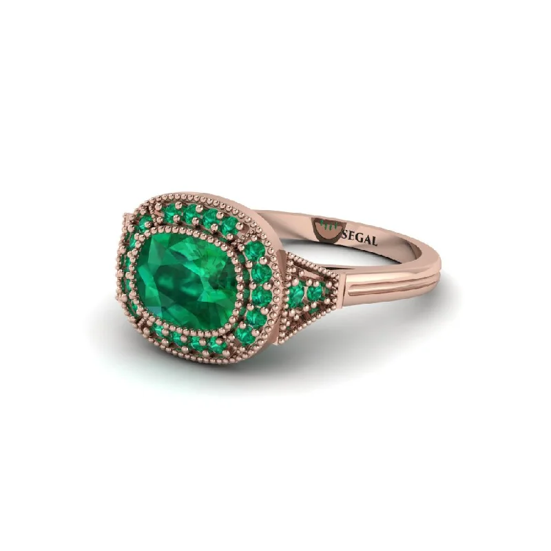 Cushion Cut Emerald Milgrain Halo Engagement Ring - Blake No. 20