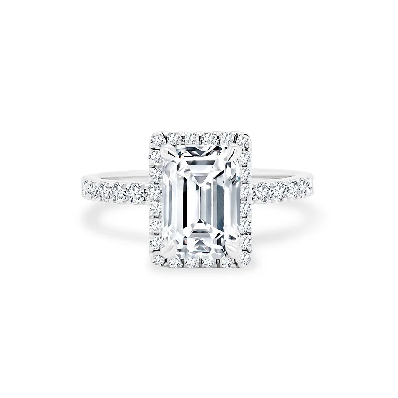 trendy silver rings for women -Emerald Cut Solitaire with Halo on Diamond Band