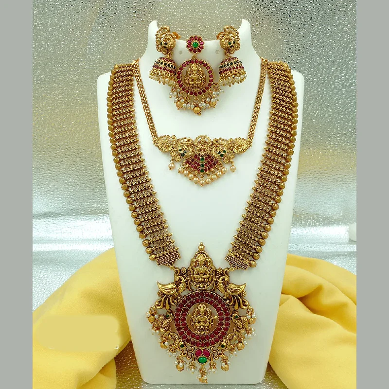 high-quality gold necklaces for women -Joyful Jewel Art Matte Gold Plated Pota Stone Temple Long Necklace Combo