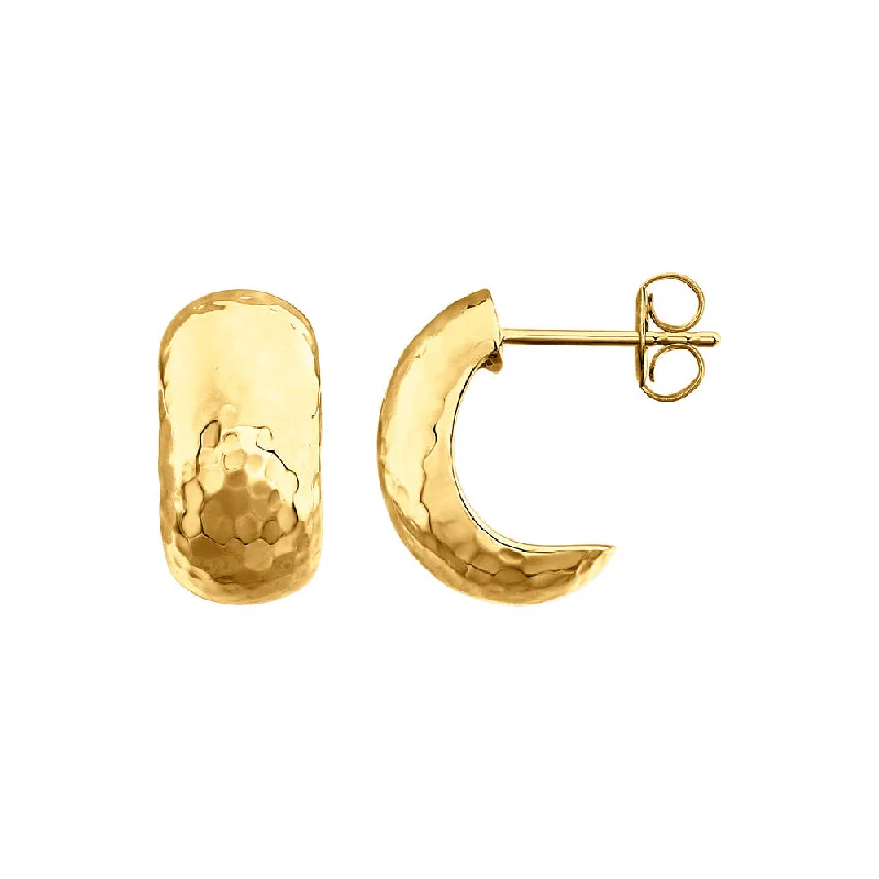 gothic earrings for women -Hammered J-Hoop Earrings in 14k Yellow Gold, 8 x 15mm