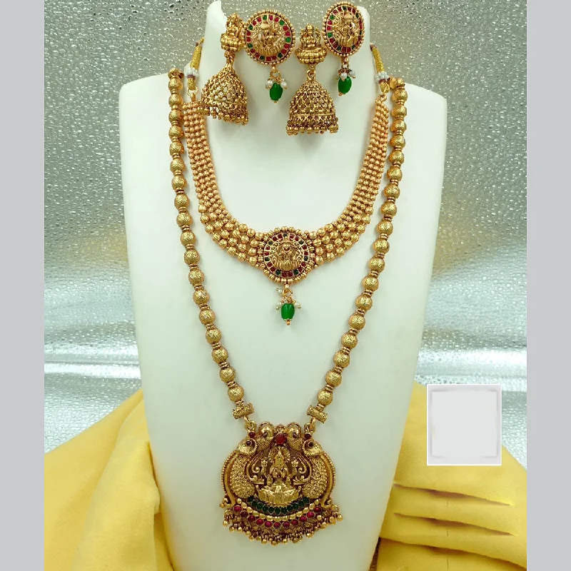 moonstone necklaces for women -FS Collection Gold Plated Pota Stone Temple Double Necklace Set