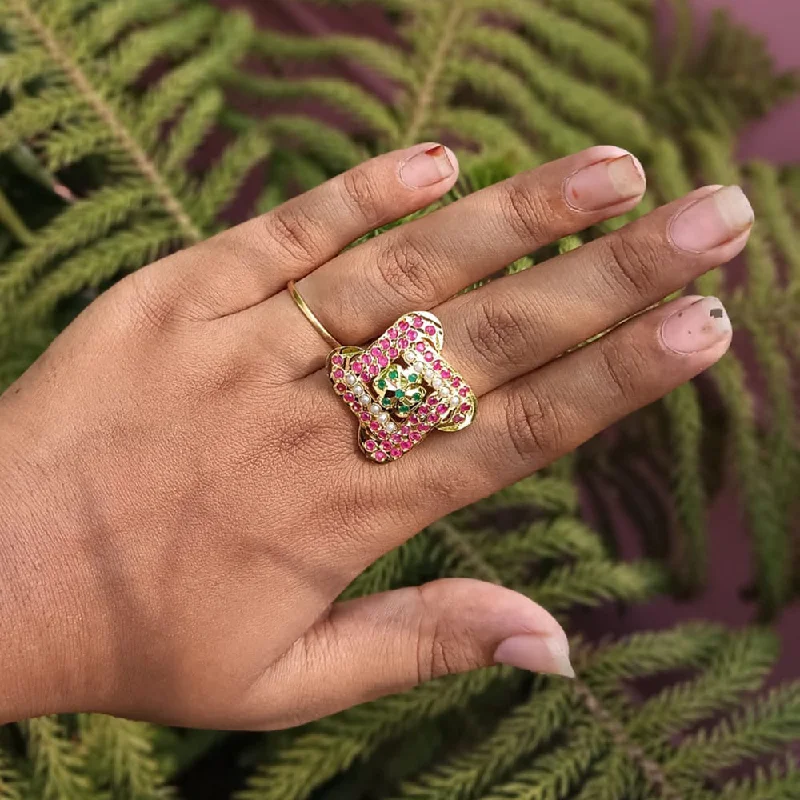 textured rings for women -Everlasting Jadau Gold Plated Pota Stone And Pearls Jadau Ring