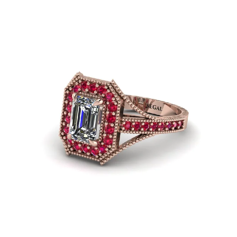 Emerald Cut Ruby Milgrain Halo Engagement Ring - Xanthe No. 47